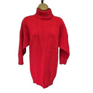Vtg Cherry Red Shetland Wool Sweater Womens OS Mock Funnel Neck Long Fisherman